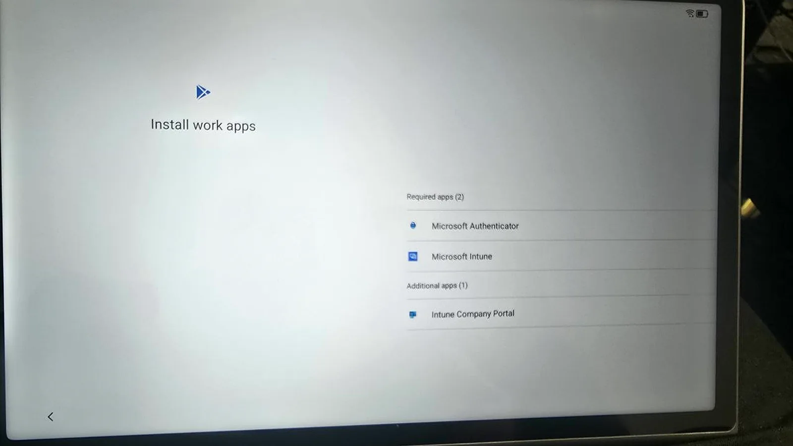 Android tablet enrolling Microsoft work apps through Microsoft 365 MDM